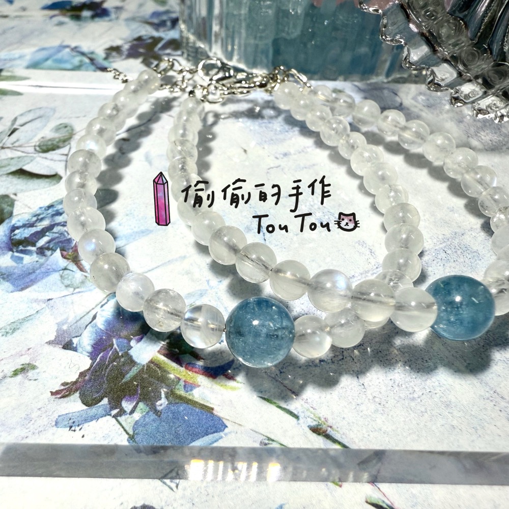 💎偷偷的手作 天然水晶設計款 海藍寶 藍月光 五行金水💧可調節手串 自信 舒壓-細節圖5
