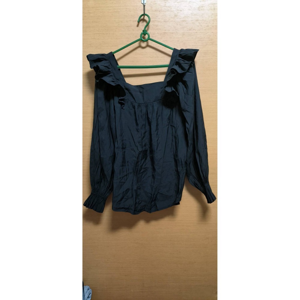 韓版黑色方領荷葉邊長袖襯衫-細節圖2