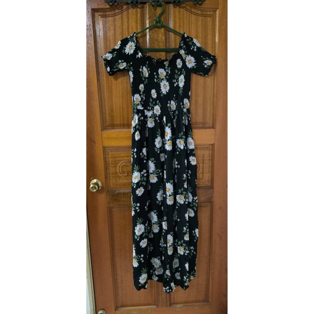 女款夏季花卉印花超長洋裝 L 黑色-細節圖2