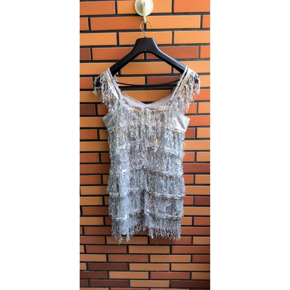 閃亮銀色露肩吊帶流蘇亮片流蘇裙-細節圖2