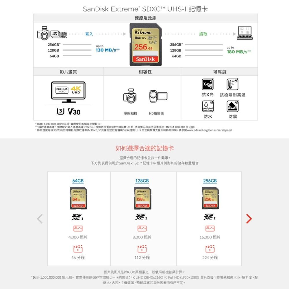 SanDisk Extreme SDXC UHS-1(V30) 64GB 記憶卡(公司貨) 170MB-細節圖3