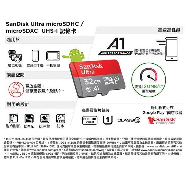 SanDisk Ultra microSDHC UHS-I (A1) 32GB 記憶卡 小卡120MB/s-細節圖4