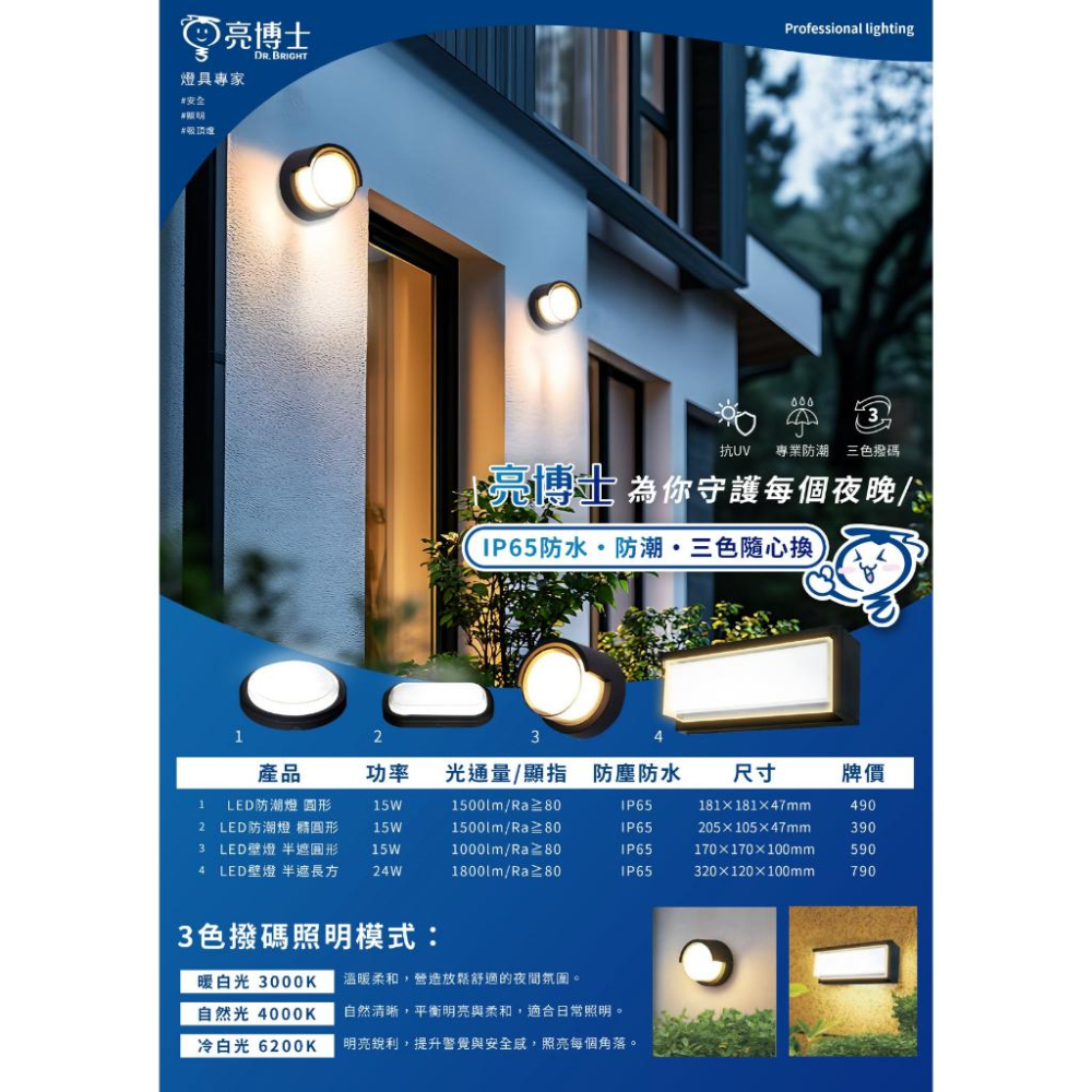 【亮博士原廠授權】 燈飾123｜ 防潮燈橢圓形吸頂燈｜15W｜調撥｜適用陽台玄關浴室1-2坪-細節圖3