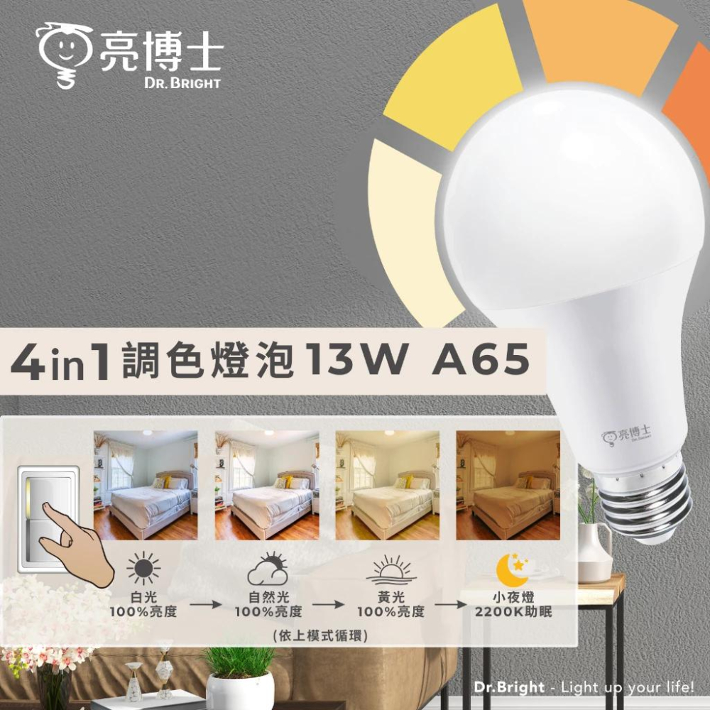 【亮博士原廠授權】 燈飾123｜壁切調色燈泡｜LED13W｜E27燈泡｜四段調色-細節圖3