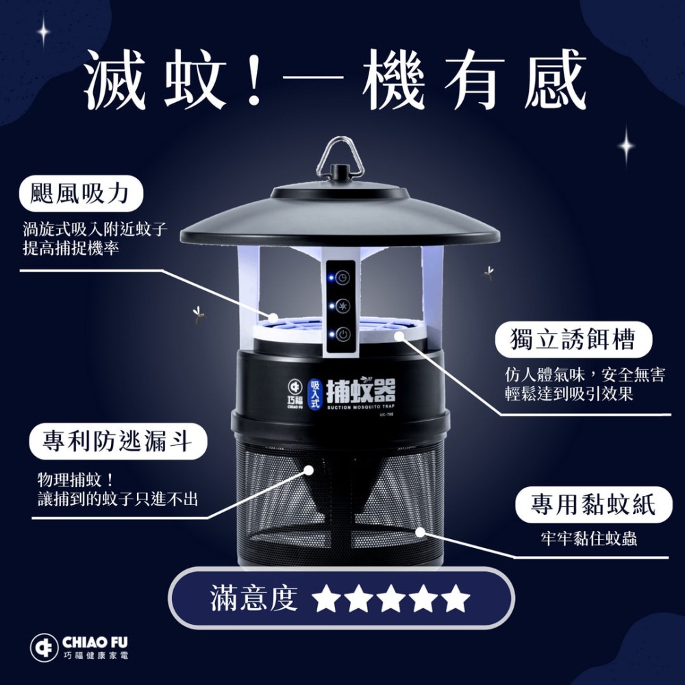 巧福 吸入式捕蚊器 IPX4防潑水 首創誘餌+黏蚊紙 (無腳架) UC-700-細節圖3