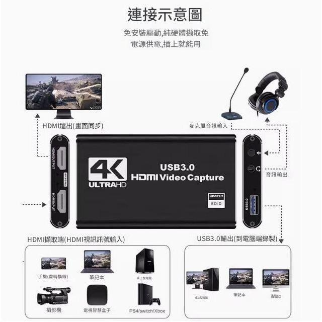 台中現貨 采集卡 影像擷取盒 擷取卡 USB3.0 4K60HZ 採集卡 HDMI轉USB 直播 錄影 游戲 視頻擷取-細節圖2