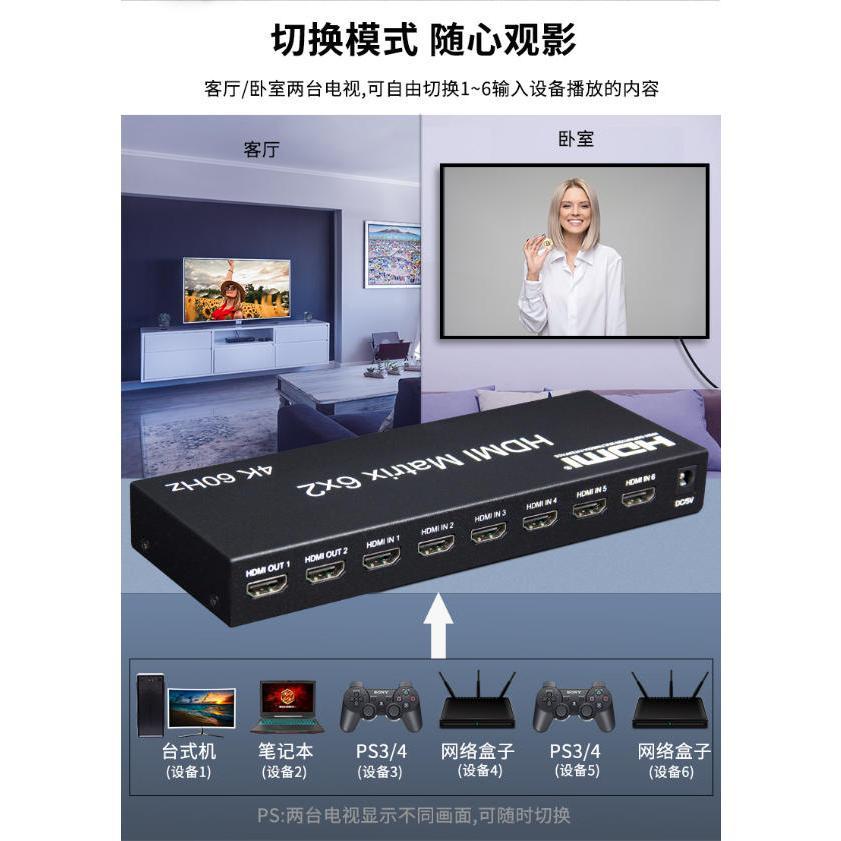 台中現貨 2.0版 HDMI切換器 6進2出 4K2K 分配器 HDMI6進2出 光纖 音視頻分離 3.5孔-細節圖3