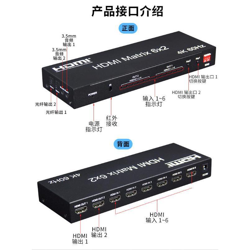 台中現貨 2.0版 HDMI切換器 6進2出 4K2K 分配器 HDMI6進2出 光纖 音視頻分離 3.5孔-細節圖7