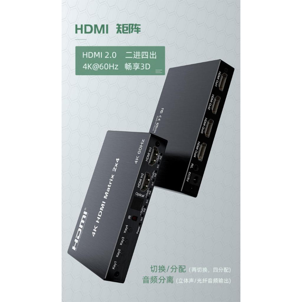 台中現貨 2.0版 HDMI切換器 二進四出 HDMI分配器 4K@60 帶音頻 2進4出 光纖-細節圖6