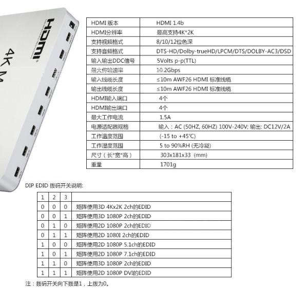 1.4版 HDMI矩陣4進4出 分配切換器 四進四出 1080P 3D矩陣 帶IR紅外延長 RS232-細節圖6