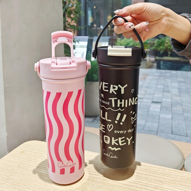 🔥【台灣免運 現貨+預購】🔥真空保溫杯 時尚 簡約 手提 保溫杯 精美 情侶 不銹鋼杯子 咖啡杯 610ml-細節圖4