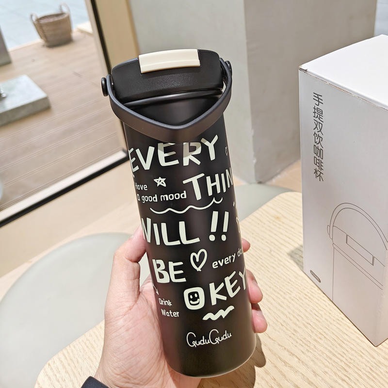 🔥【台灣免運 現貨+預購】🔥真空保溫杯 時尚 簡約 手提 保溫杯 精美 情侶 不銹鋼杯子 咖啡杯 610ml-規格圖5