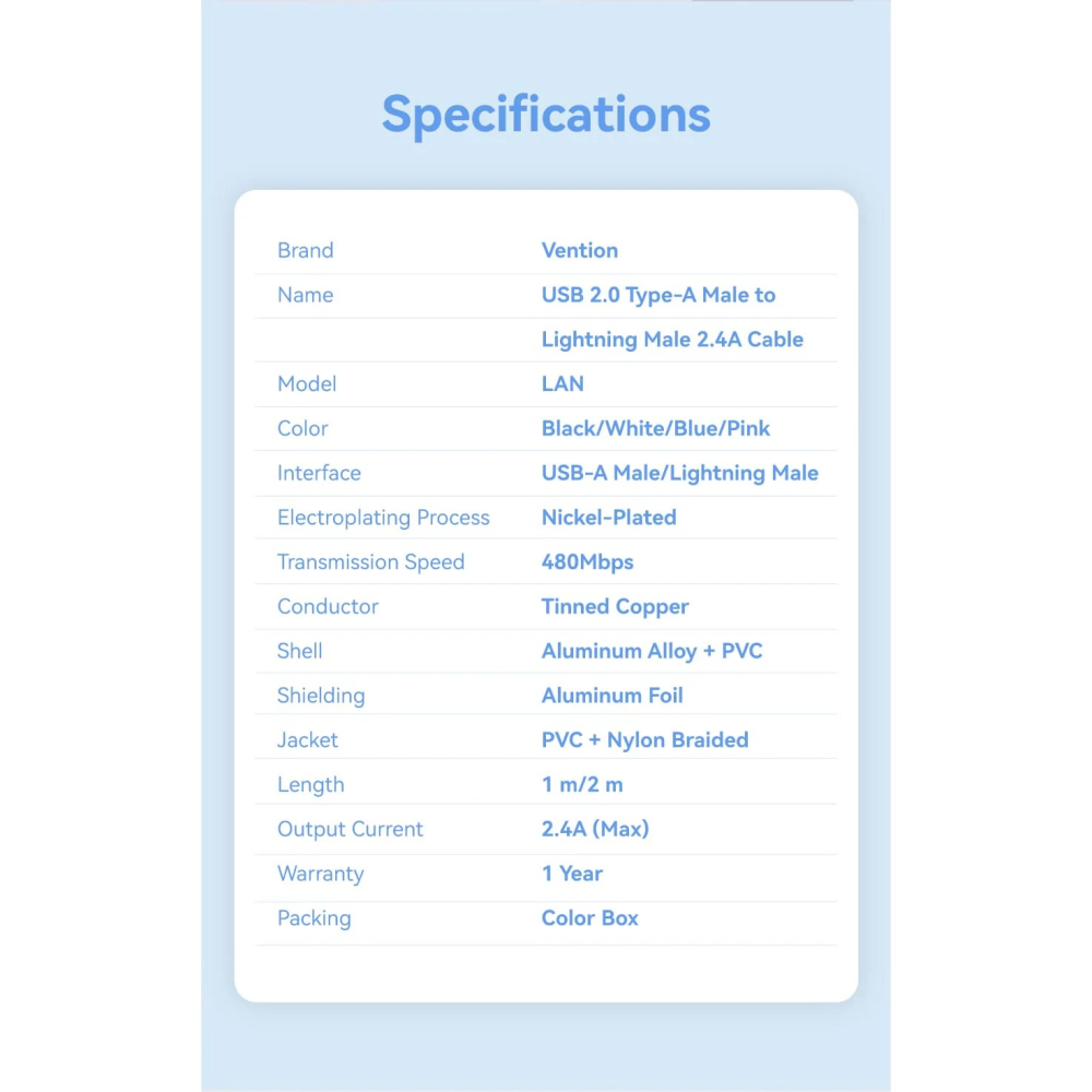 VENTION 威迅 USB-A to Lightning 編織快充數據線 USB 2.0 2.4A 1M 2M-細節圖9