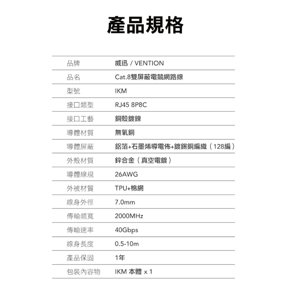 VENTION 威迅 Cat.8 電競高速網路線 RJ45 福祿克認證 1-2M 灰色 26AWG無氧銅芯-細節圖10