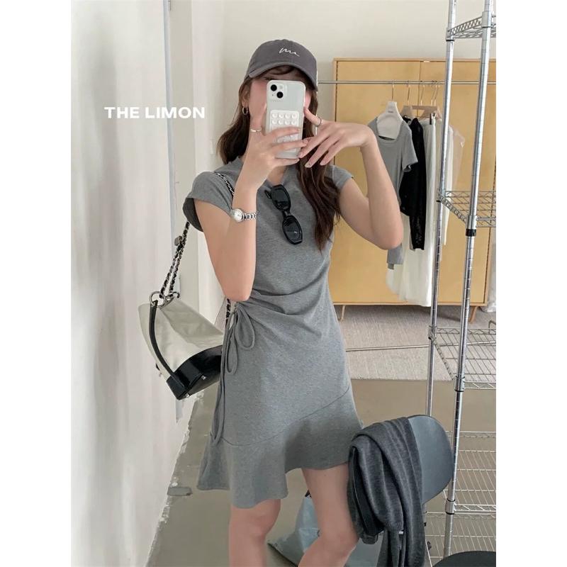 𝐑𝐈𝐂𝐇｜實拍*現貨♡THE LIMON檸檬綠茶韓系側抽繩修身連身裙-細節圖3