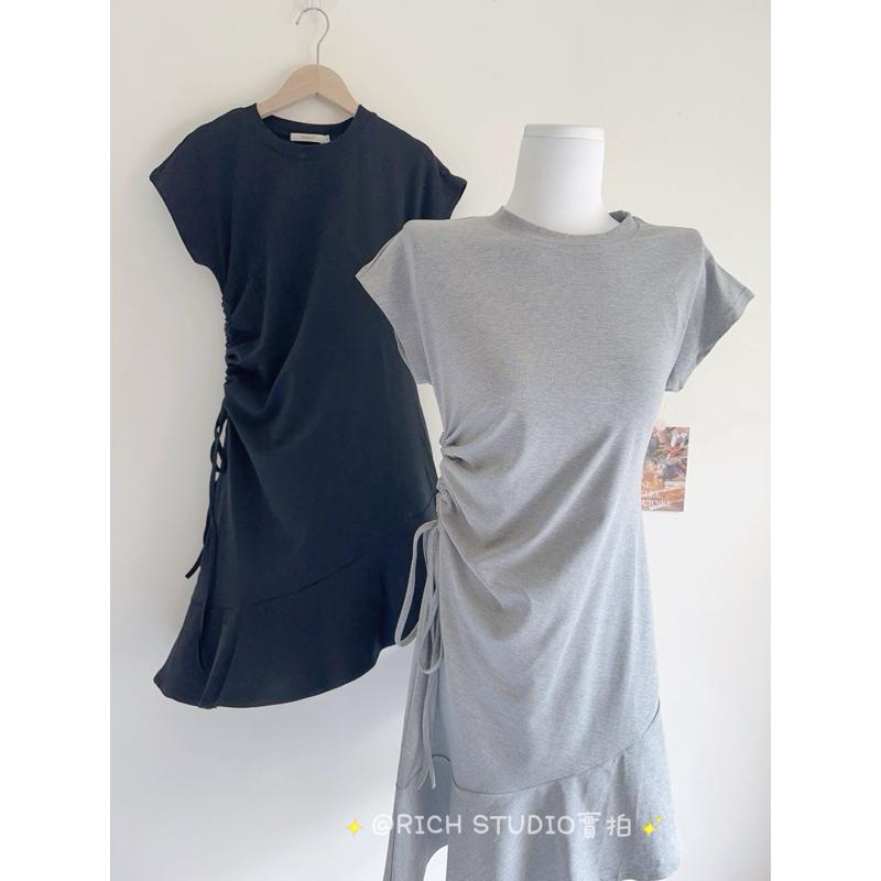 𝐑𝐈𝐂𝐇｜實拍*現貨♡THE LIMON檸檬綠茶韓系側抽繩修身連身裙-細節圖6