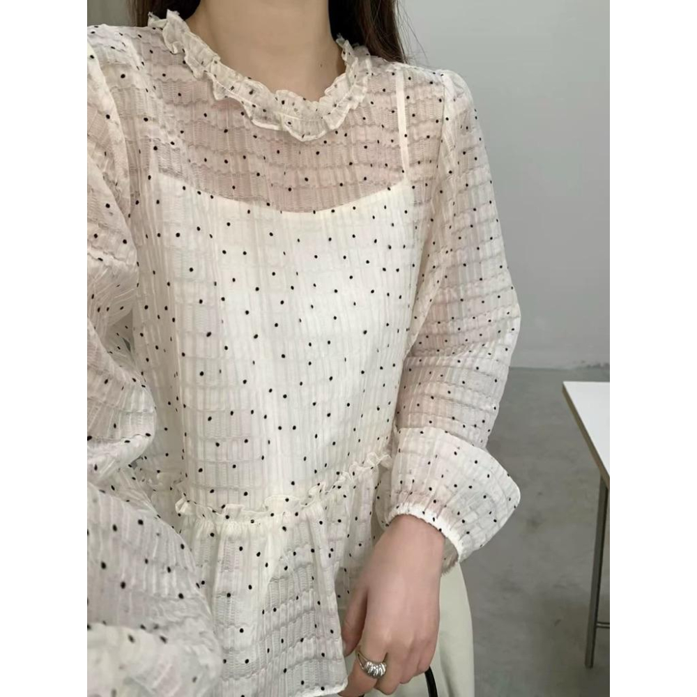𝐑𝐈𝐂𝐇｜預購🎹韓系仙仙點點花邊長袖上衣配吊帶兩件套-細節圖5