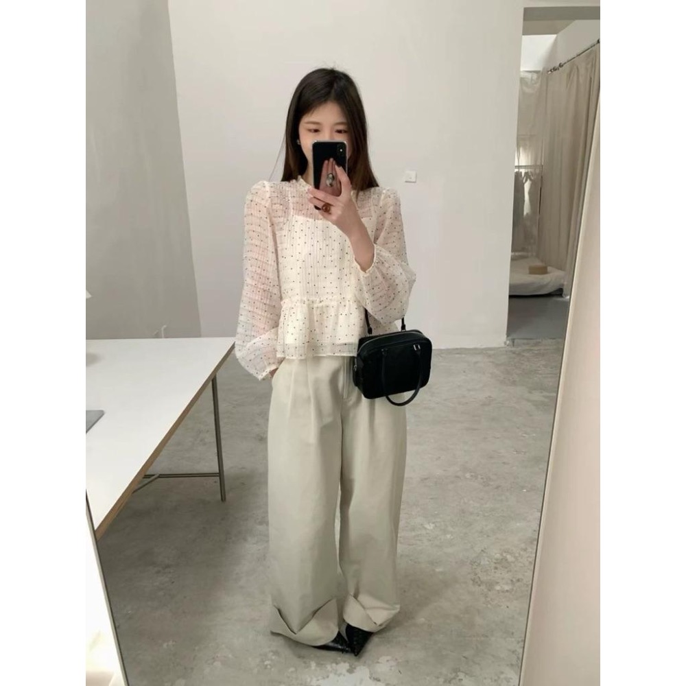 𝐑𝐈𝐂𝐇｜預購🎹韓系仙仙點點花邊長袖上衣配吊帶兩件套-細節圖6