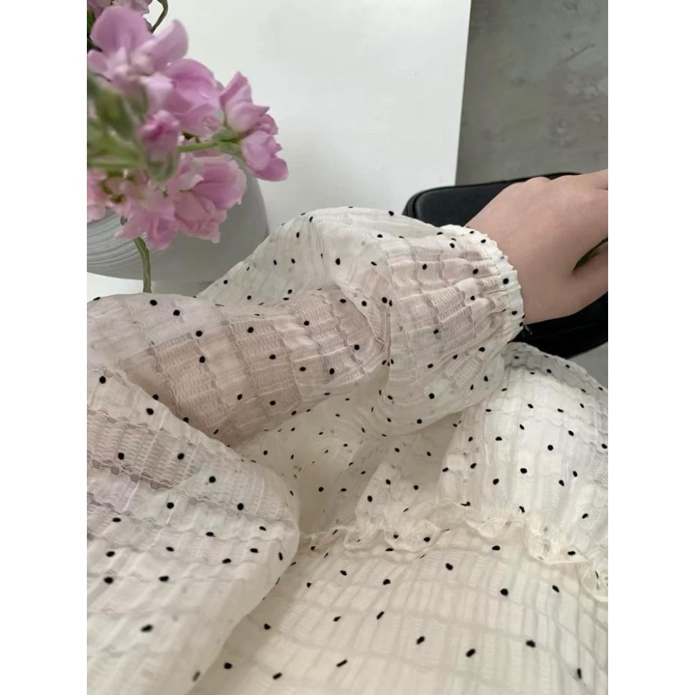 𝐑𝐈𝐂𝐇｜預購🎹韓系仙仙點點花邊長袖上衣配吊帶兩件套-細節圖8