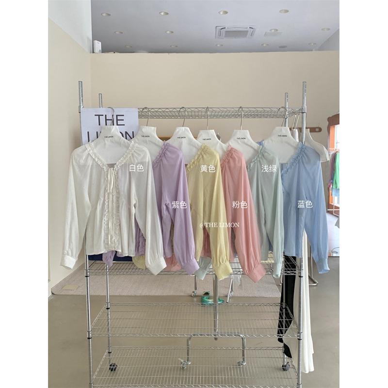 𝐑𝐈𝐂𝐇｜現貨+預購♡ 𝗧𝗛𝗘 𝗟𝗜𝗠𝗢𝗡🍋甜美木耳邊綁帶襯衫上衣｜春夏薄款氣質罩衫-細節圖2