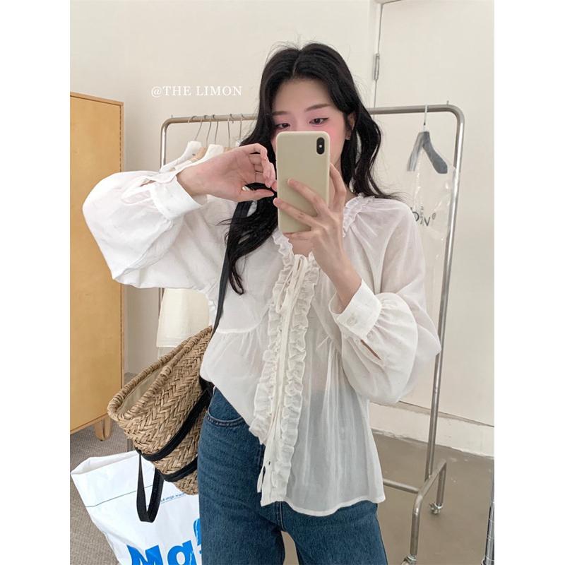 𝐑𝐈𝐂𝐇｜現貨+預購♡ 𝗧𝗛𝗘 𝗟𝗜𝗠𝗢𝗡🍋甜美木耳邊綁帶襯衫上衣｜春夏薄款氣質罩衫-細節圖3