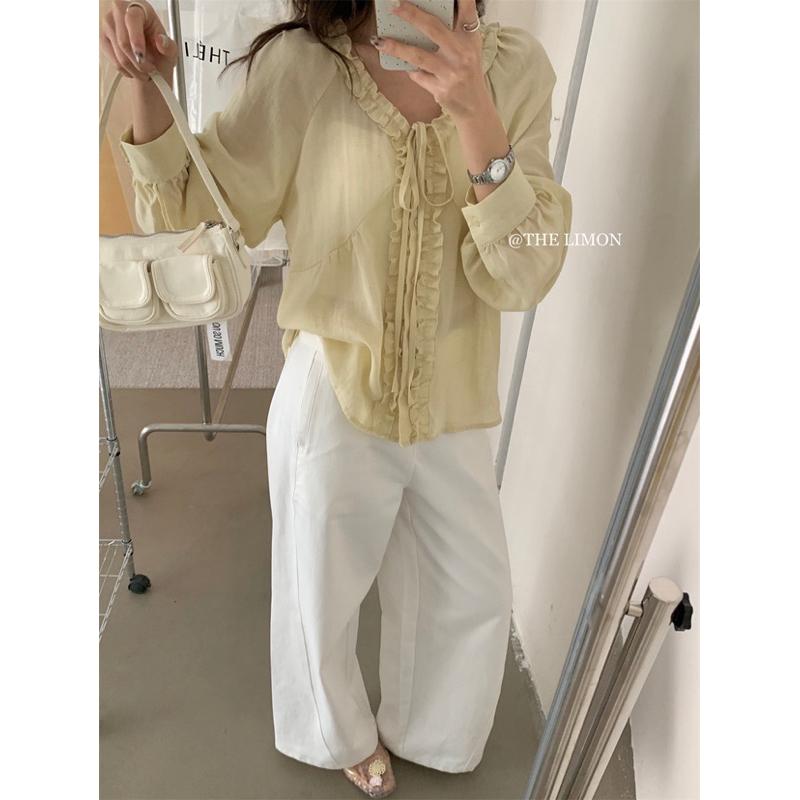 𝐑𝐈𝐂𝐇｜現貨+預購♡ 𝗧𝗛𝗘 𝗟𝗜𝗠𝗢𝗡🍋甜美木耳邊綁帶襯衫上衣｜春夏薄款氣質罩衫-細節圖4