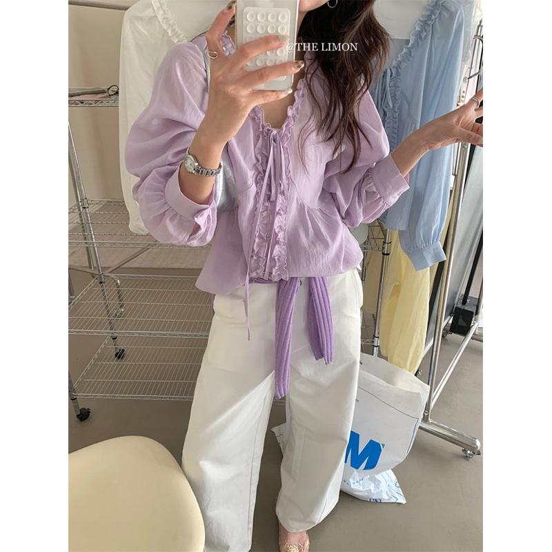 𝐑𝐈𝐂𝐇｜現貨+預購♡ 𝗧𝗛𝗘 𝗟𝗜𝗠𝗢𝗡🍋甜美木耳邊綁帶襯衫上衣｜春夏薄款氣質罩衫-細節圖6