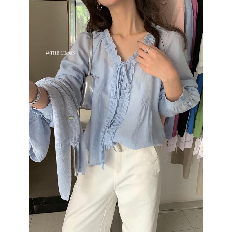 𝐑𝐈𝐂𝐇｜現貨+預購♡ 𝗧𝗛𝗘 𝗟𝗜𝗠𝗢𝗡🍋甜美木耳邊綁帶襯衫上衣｜春夏薄款氣質罩衫-細節圖7
