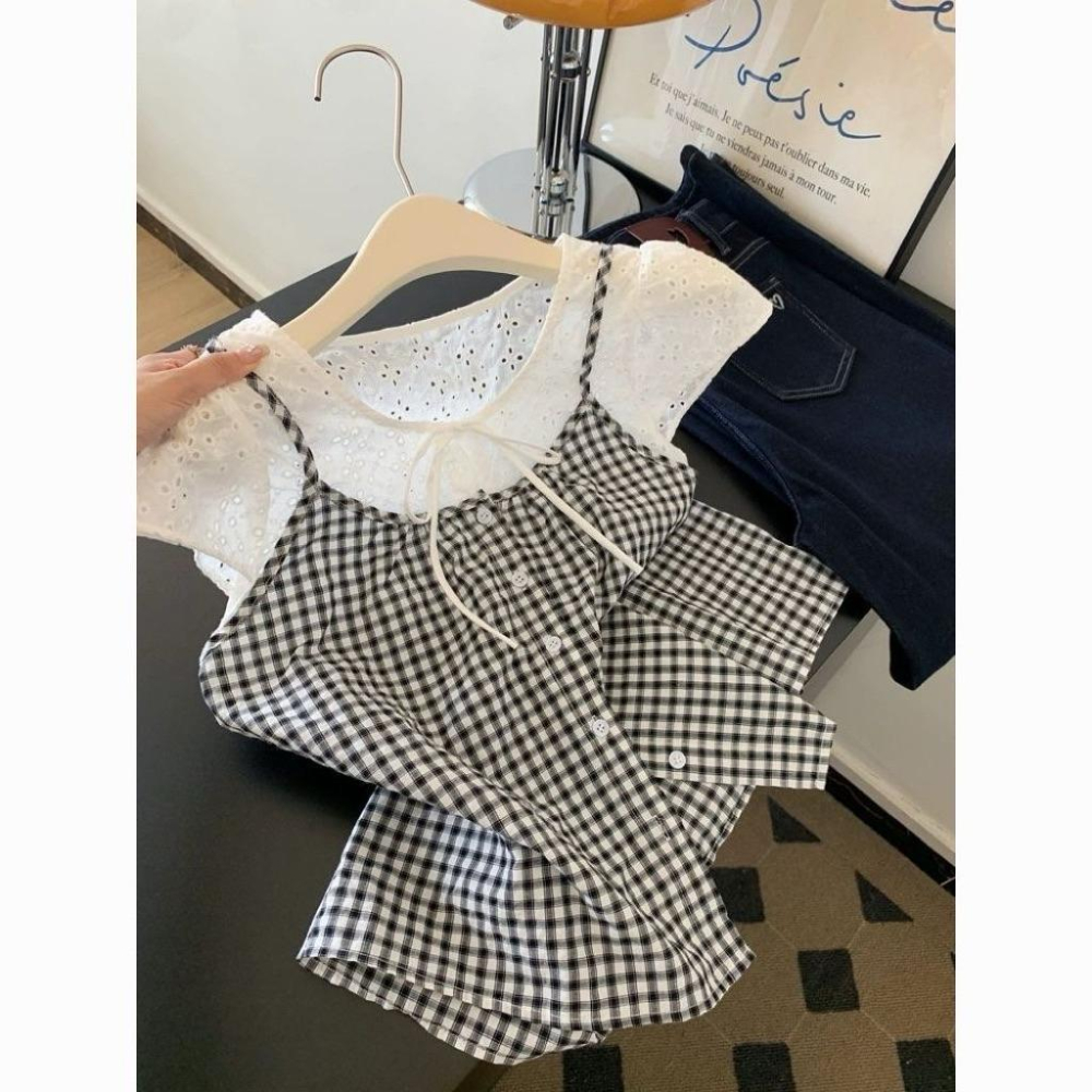 𝐑𝐈𝐂𝐇｜黑色格子假兩件拼接設計款♡現貨-細節圖3