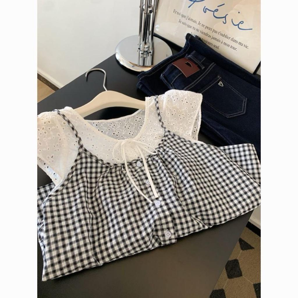 𝐑𝐈𝐂𝐇｜黑色格子假兩件拼接設計款♡現貨-細節圖4