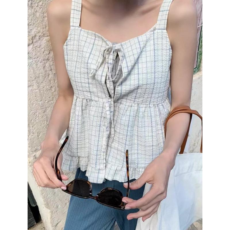 𝐑𝐈𝐂𝐇｜現貨*實拍♡清新格子吊帶荷葉邊兩穿上衣-細節圖3