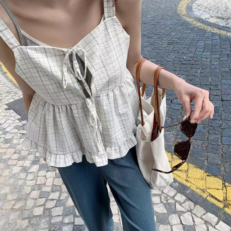 𝐑𝐈𝐂𝐇｜現貨*實拍♡清新格子吊帶荷葉邊兩穿上衣-細節圖5