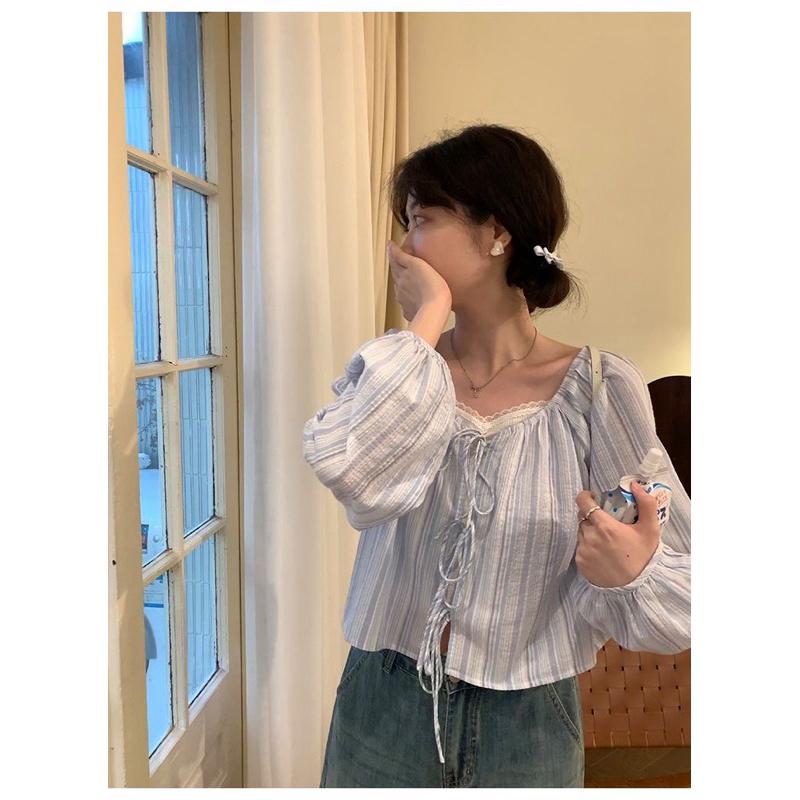 𝐑𝐈𝐂𝐇｜預購☁️小清新設計感小眾條紋蝴蝶結綁帶罩衫防曬長袖上衣-細節圖4