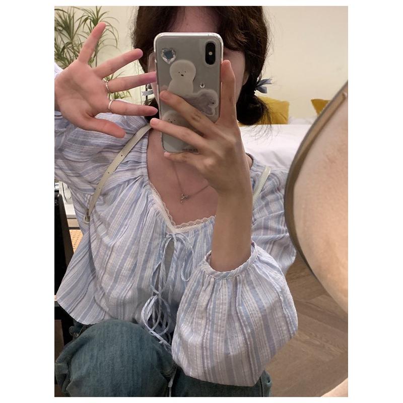 𝐑𝐈𝐂𝐇｜預購☁️小清新設計感小眾條紋蝴蝶結綁帶罩衫防曬長袖上衣-細節圖5