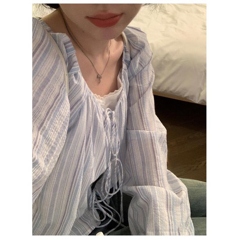 𝐑𝐈𝐂𝐇｜預購☁️小清新設計感小眾條紋蝴蝶結綁帶罩衫防曬長袖上衣-細節圖7