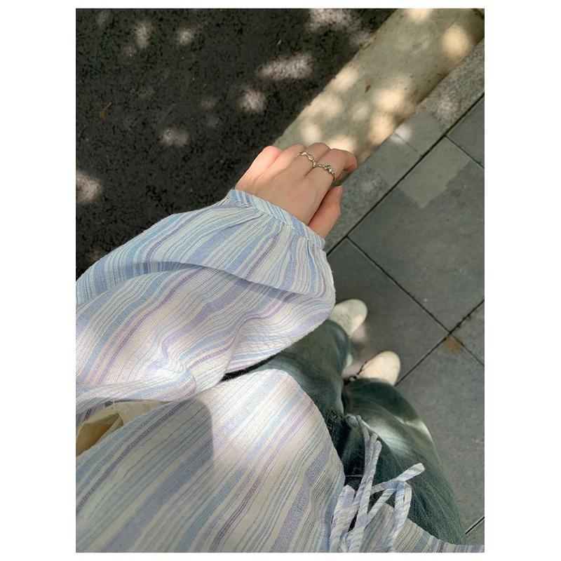 𝐑𝐈𝐂𝐇｜預購☁️小清新設計感小眾條紋蝴蝶結綁帶罩衫防曬長袖上衣-細節圖8