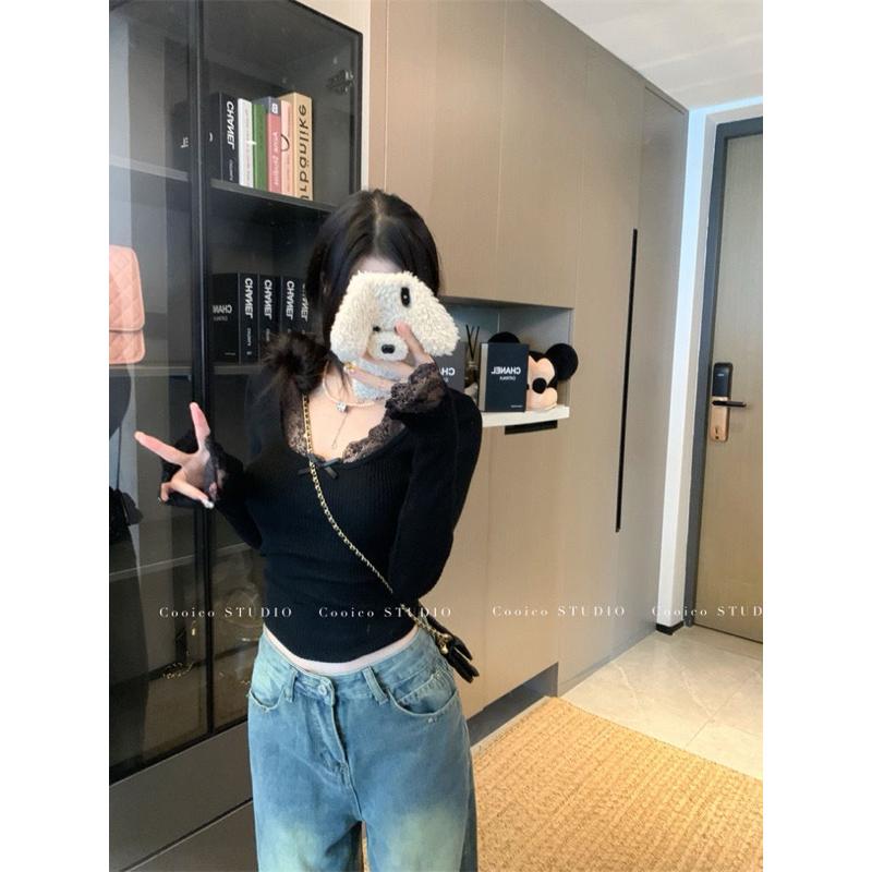 𝐑𝐈𝐂𝐇｜純慾風蕾絲拼接內磨毛打底上衣♡現貨-細節圖4