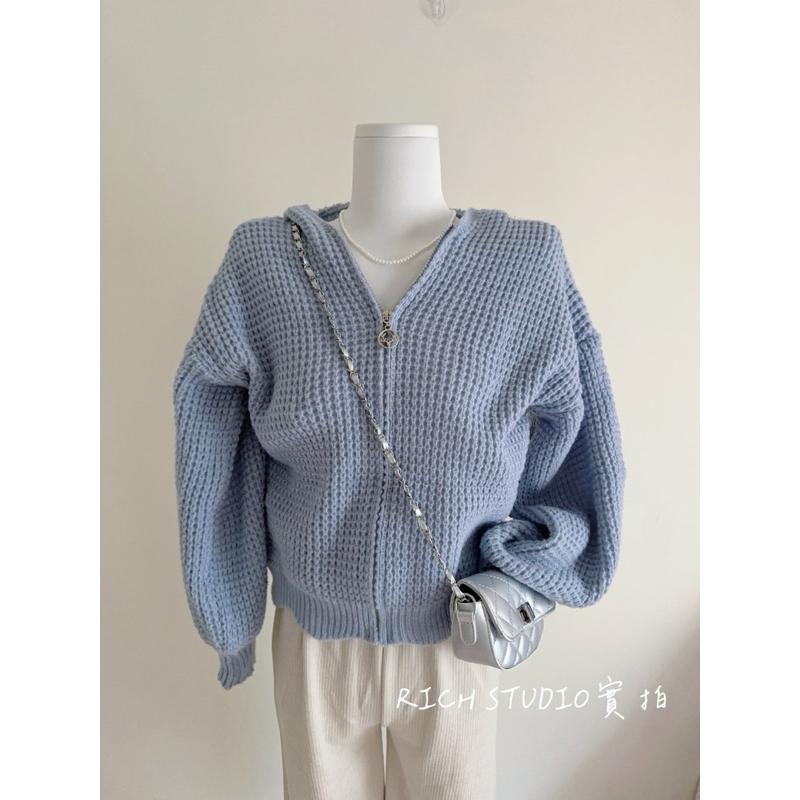 𝐑𝐈𝐂𝐇｜實拍*慵懶風短款粗針織連帽毛衣外套♡現貨-細節圖7