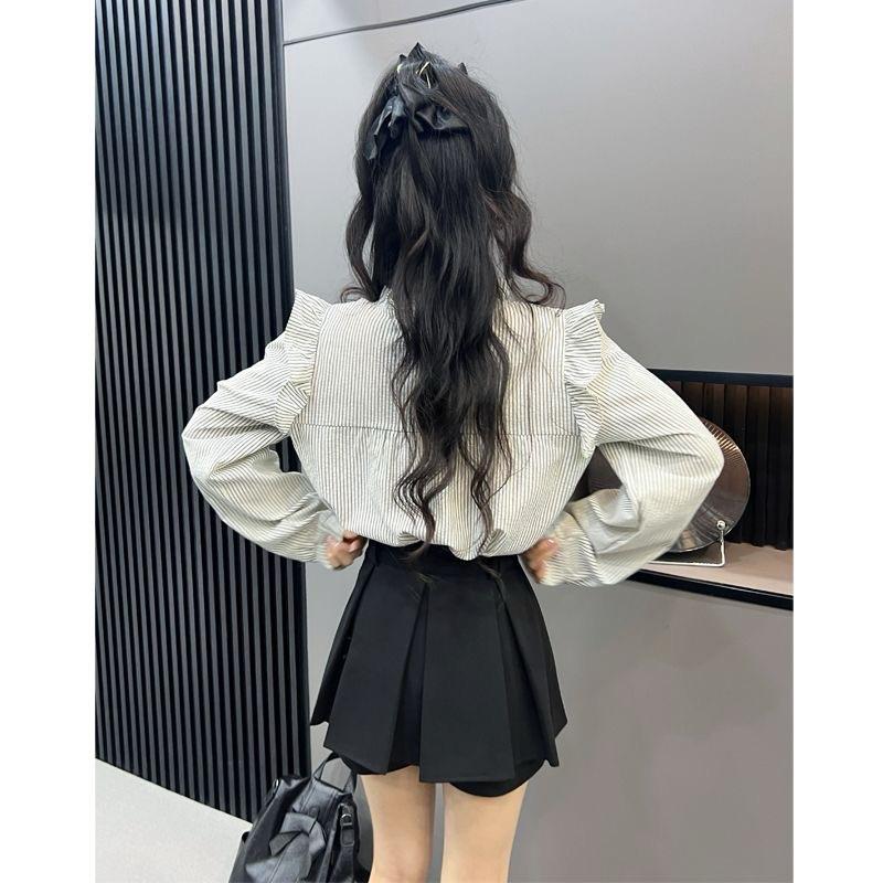 𝐑𝐈𝐂𝐇｜現貨🔥春秋花邊綁帶木耳邊條紋襯衫上衣-細節圖3