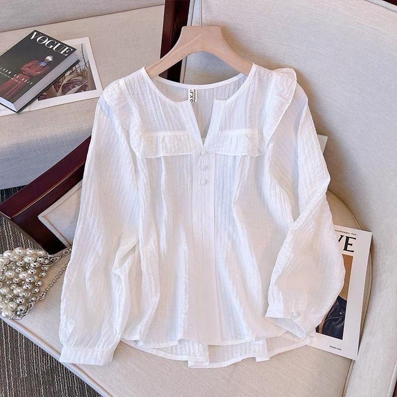 𝐑𝐈𝐂𝐇｜現貨🔥寬鬆木耳邊夏天輕薄v領上衣-細節圖2