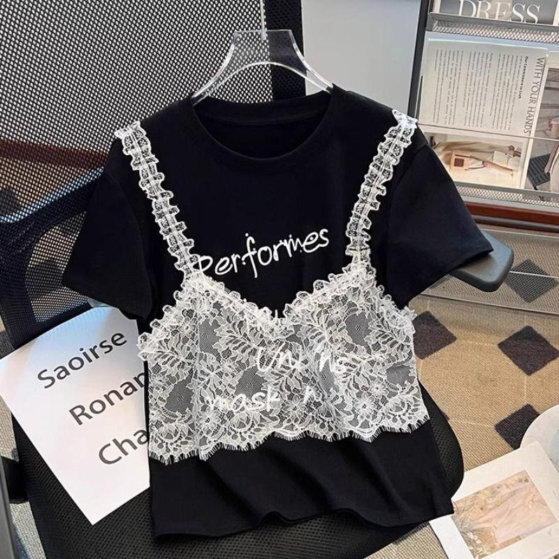 𝐑𝐈𝐂𝐇｜現貨🔥假兩件拼蕾絲短袖上衣-細節圖3