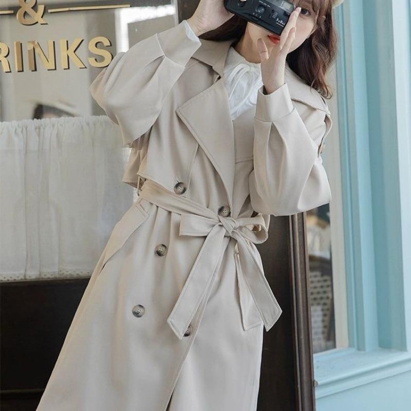 𝐑𝐈𝐂𝐇｜現貨🫰🏻質感超好*英倫風綁帶卡其色長款風衣氣質雙排扣翻領泡泡袖大衣外套-細節圖2