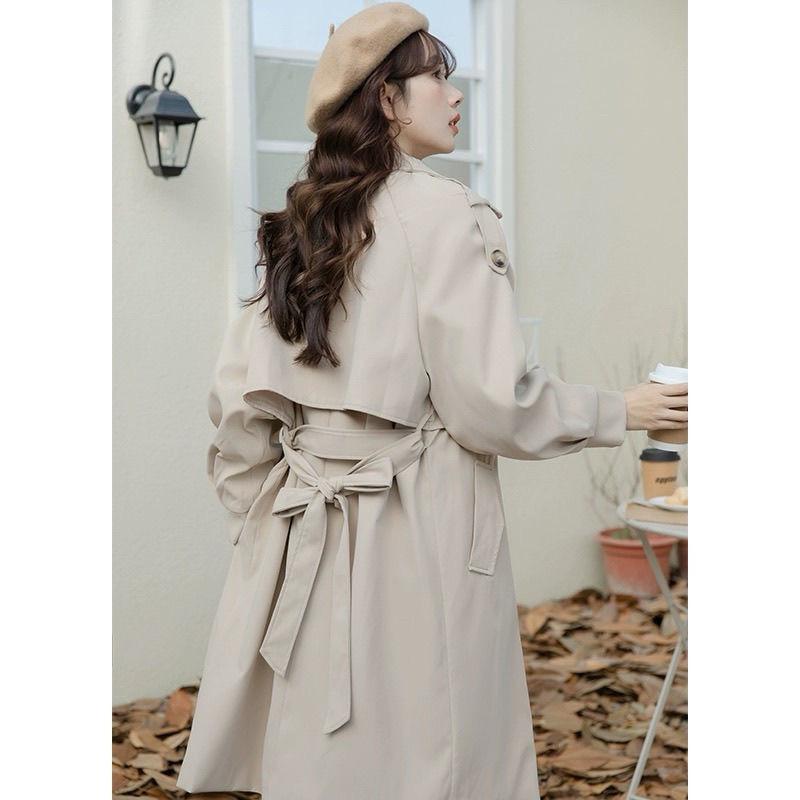 𝐑𝐈𝐂𝐇｜現貨🫰🏻質感超好*英倫風綁帶卡其色長款風衣氣質雙排扣翻領泡泡袖大衣外套-細節圖3