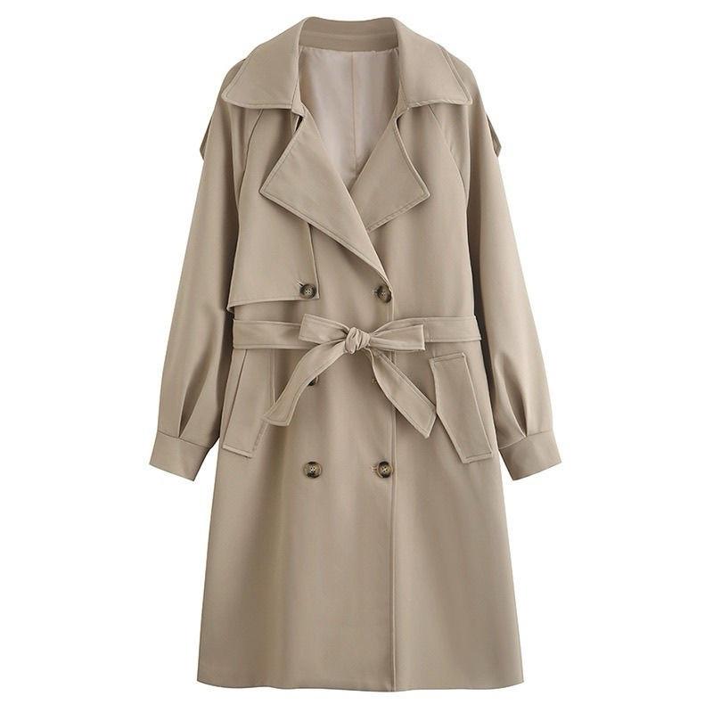 𝐑𝐈𝐂𝐇｜現貨🫰🏻質感超好*英倫風綁帶卡其色長款風衣氣質雙排扣翻領泡泡袖大衣外套-細節圖4