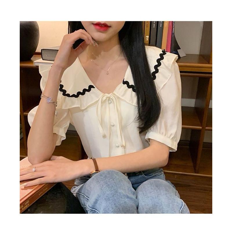 𝐑𝐈𝐂𝐇｜現貨💛撞色娃娃領韓版繫帶設計感小眾上衣-細節圖4