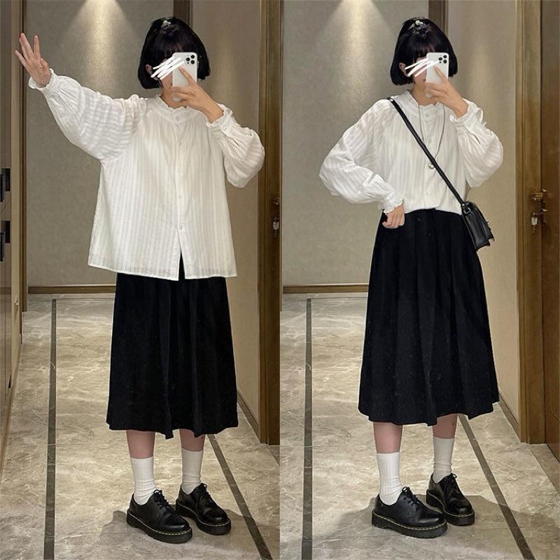 𝐑𝐈𝐂𝐇｜現貨♡白色日系清新木耳邊襯衫上衣-細節圖3