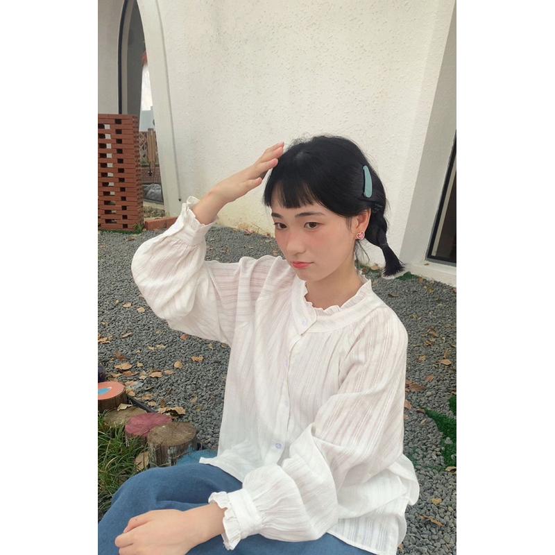 𝐑𝐈𝐂𝐇｜現貨♡白色日系清新木耳邊襯衫上衣-細節圖4