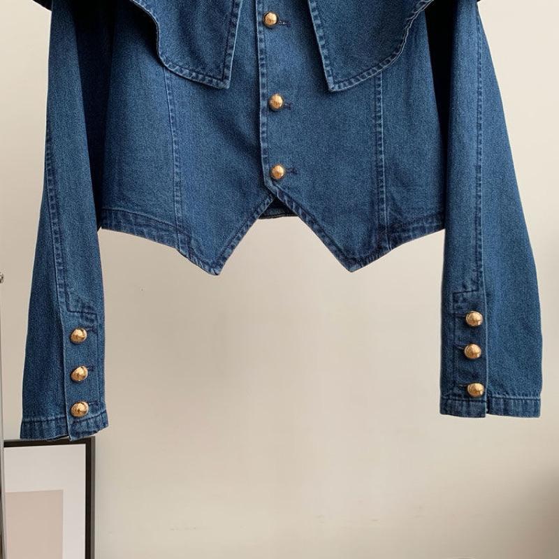 𝐑𝐈𝐂𝐇｜現貨☁️法式復古一字肩設計感不規則牛仔長袖上衣-細節圖4