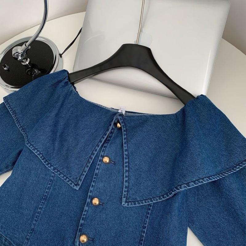 𝐑𝐈𝐂𝐇｜現貨☁️法式復古一字肩設計感不規則牛仔長袖上衣-細節圖5