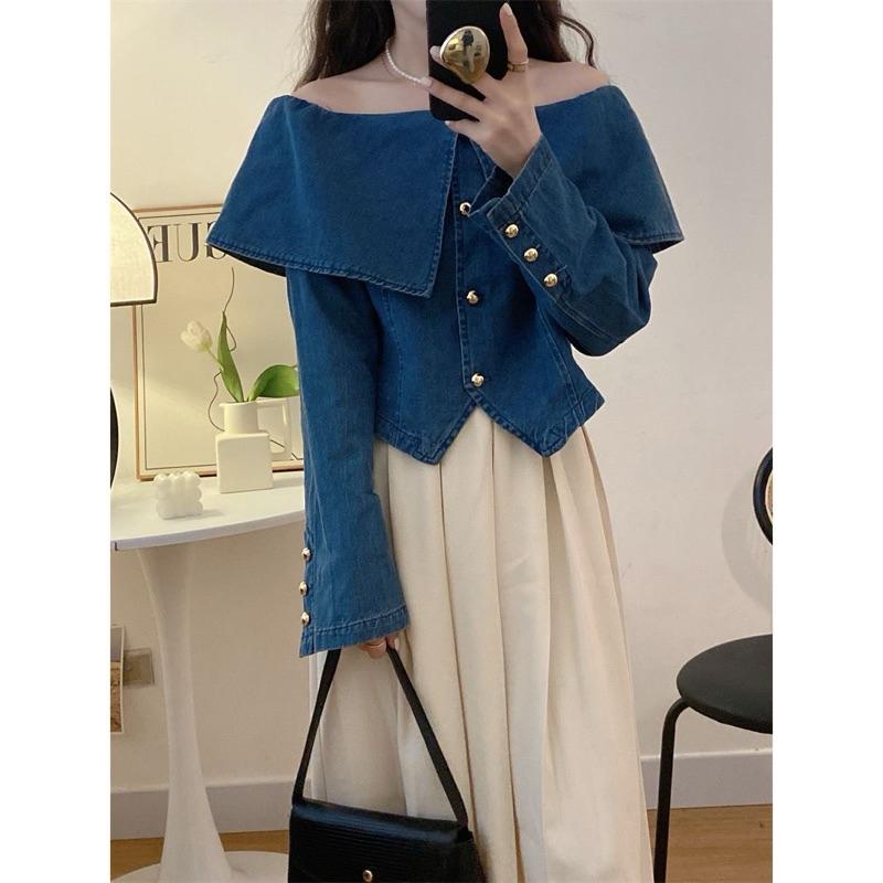 𝐑𝐈𝐂𝐇｜現貨☁️法式復古一字肩設計感不規則牛仔長袖上衣-細節圖7